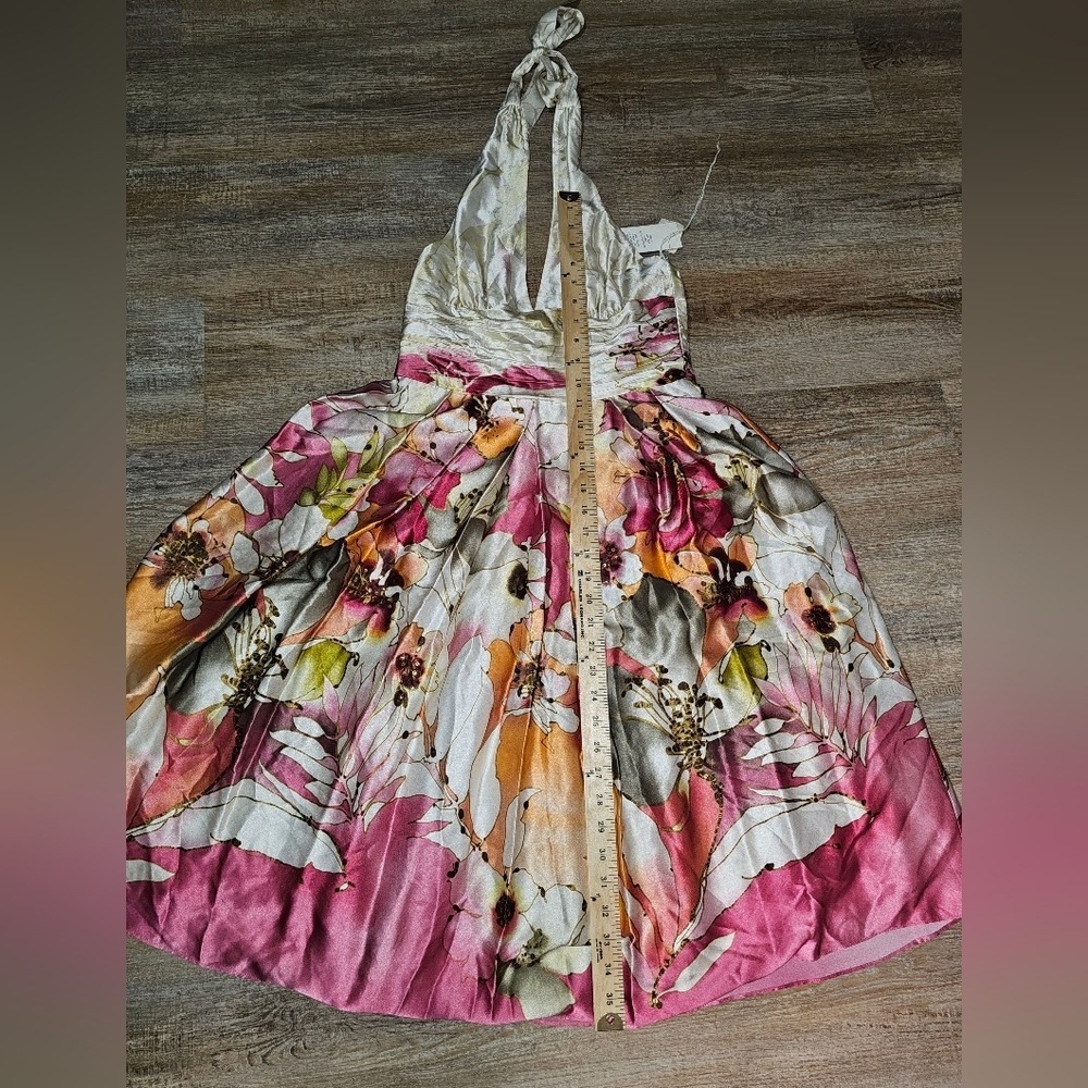 Adrianna Papell Silk Occasions Floral Halter Midi Dress Pink Orange White M - Picture 11 of 12